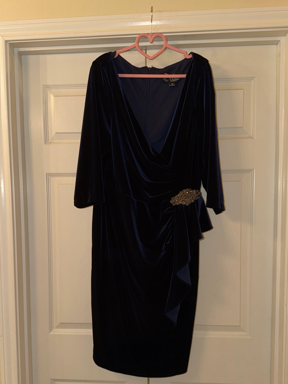 Alex Evenings Navy Velvet Draped Cocktail Dress with Jeweled Waist
